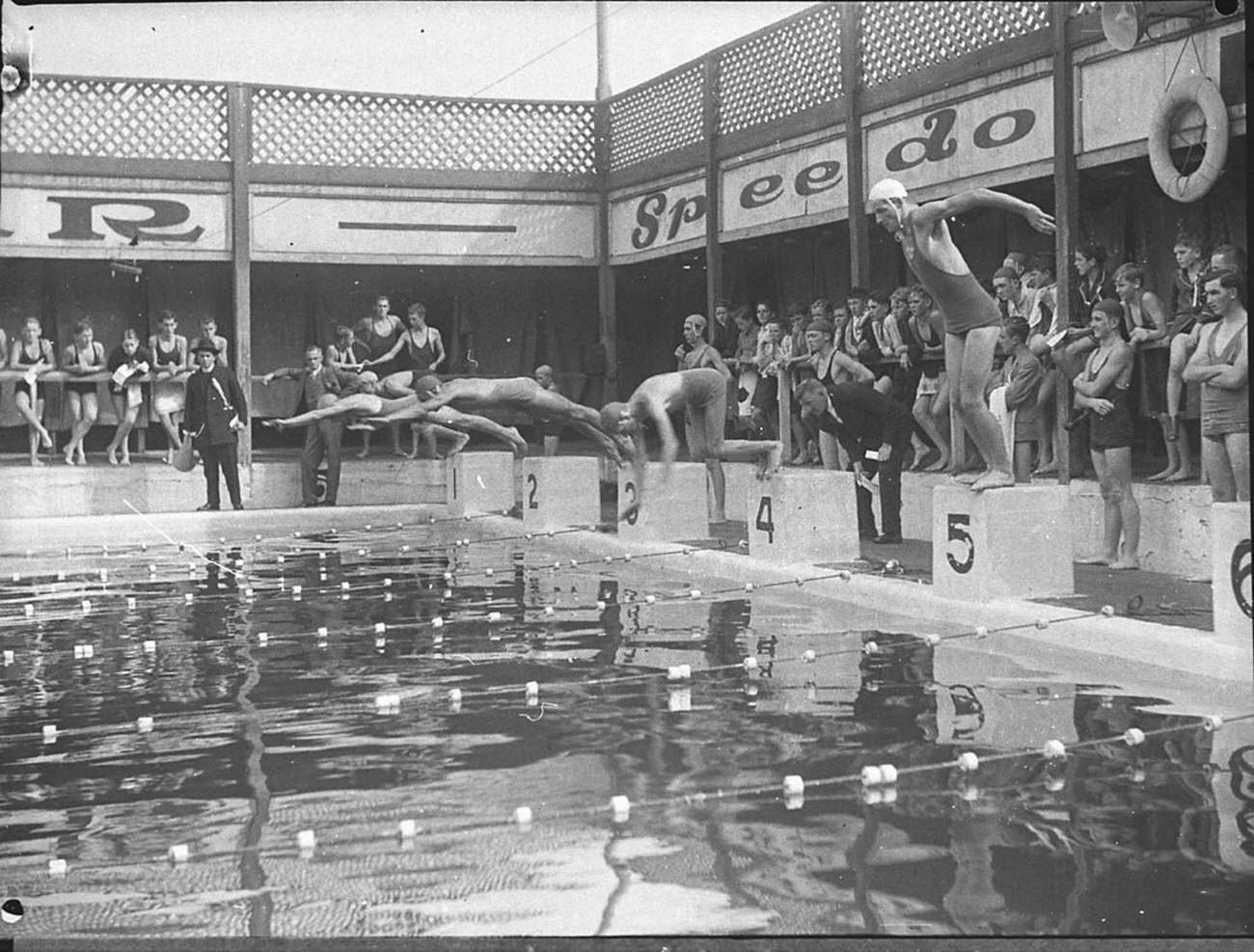 #36 Start of a relay race at Colleges swimming at Drummoyne, March 1935.