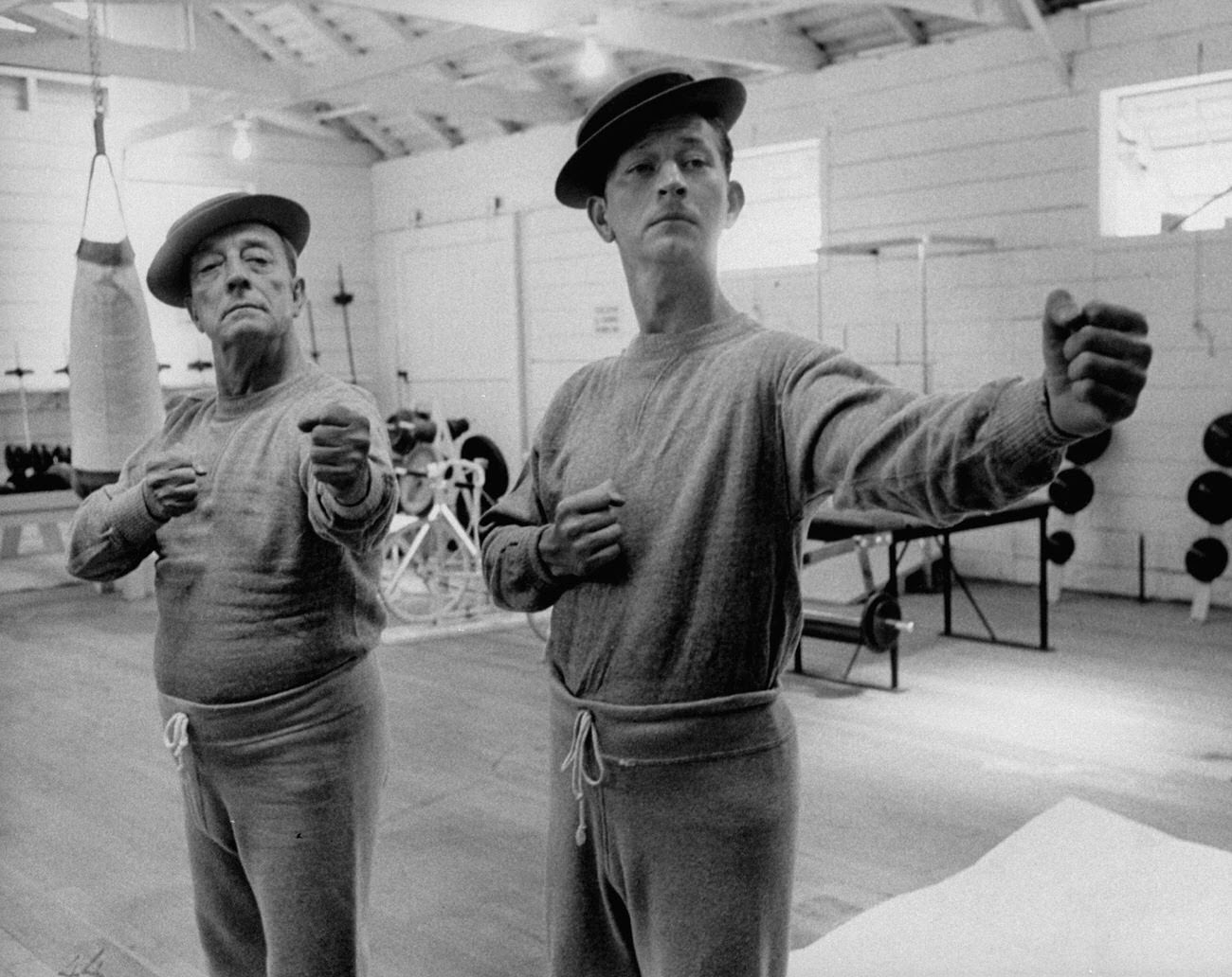 #13 Buster Keaton and Donald O’Connor rehearse for a movie based on Keaton’s life, 1956.