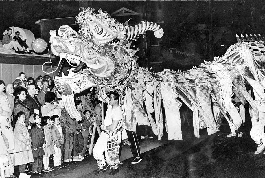 #9 A dragon in the Chinese New Year parade for the Year of the Rabbit in Los Angeles’ Chinatown, 1963.