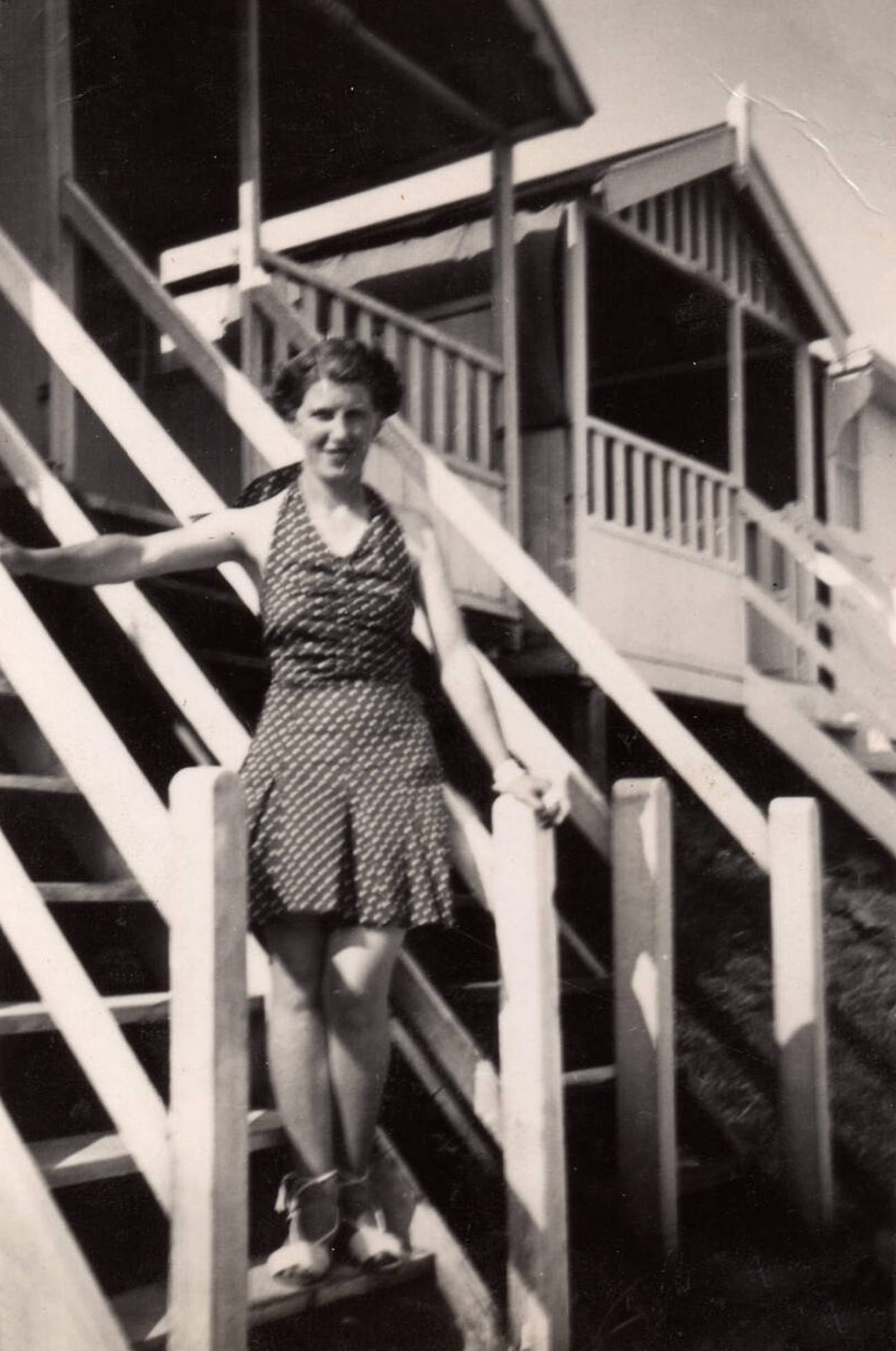 #74 Woman in a swimsuit on a beach hut, Zealand, Denmark, 1930s