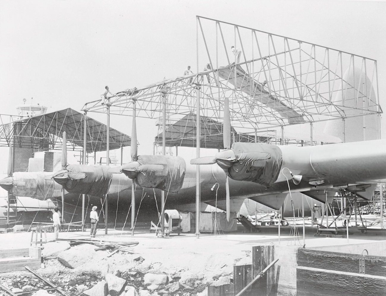 Workmen making covers for Howard Hughes’ Spruce Goose, 1940s.