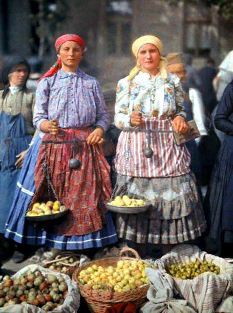 #16 Two women sell fruit at the Mohacs market, Hungary, June 1932.