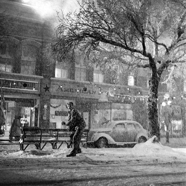 Jimmy Stewart in downtown Bedford Falls, a.k.a., on the set of It’s a Wonderful Life