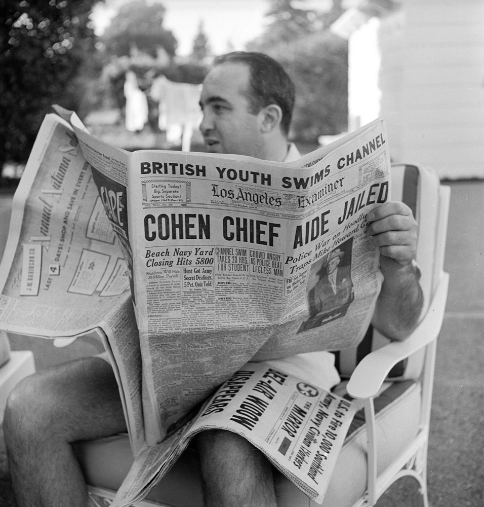 #5 Mickey Cohen relaxing at home in Los Angeles, 1949.