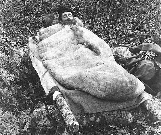 #6 Sleeping in an animal skin sleeping bag, 1888.