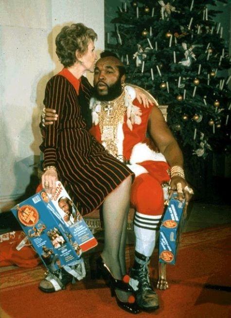 Nancy Reagan sitting on Mr. T’s lap.