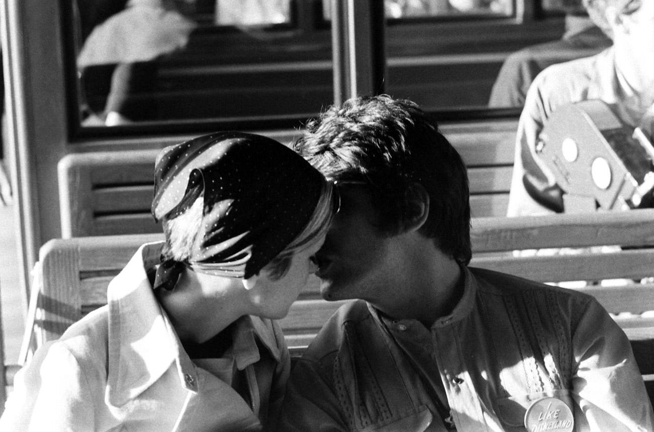 #20 Twiggy with her boyfriend and manager Justin De Villeneuve at Disneyland during her first visit to the U.S., 1967.