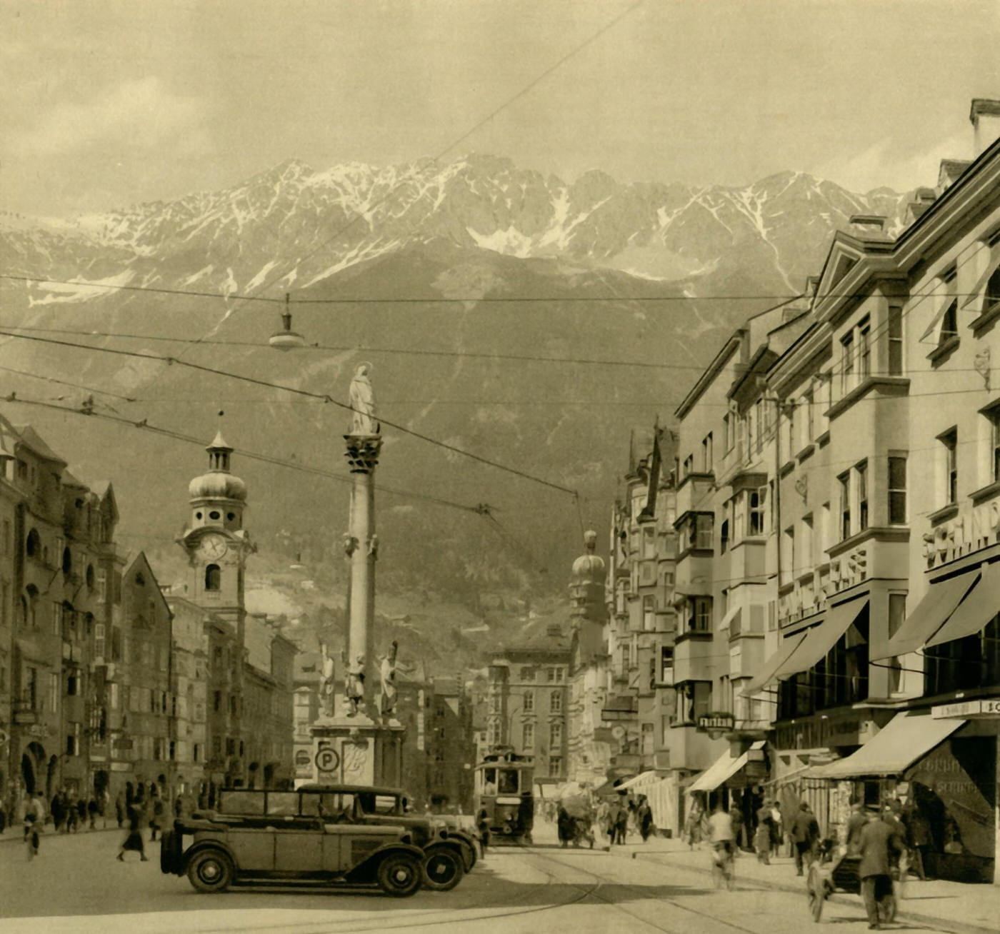 #114 Maria-Theresien-Strasse, with a view of St Anne’s Column and the Alps beyond, Innsbruck, Austria, 1935.
