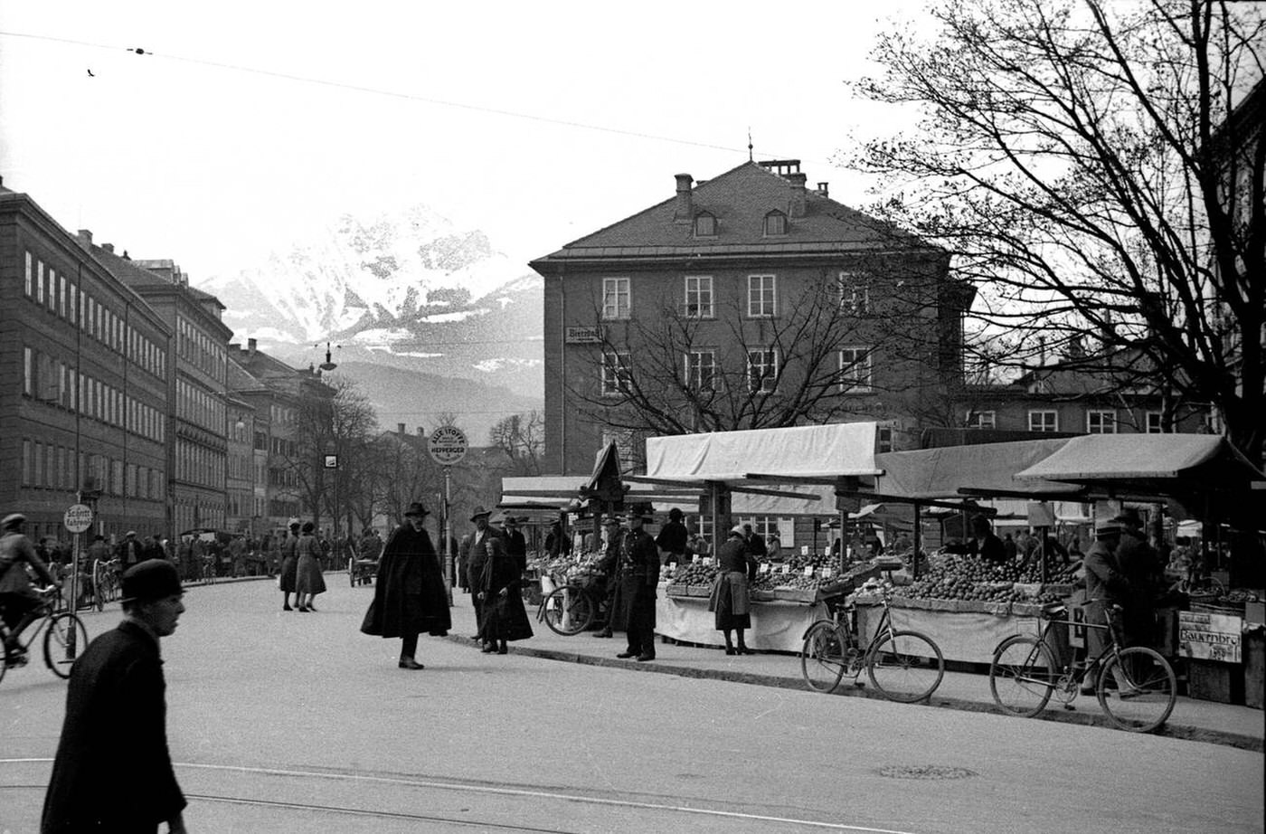 #36 Street scene and market in Innsbruck, Austria, 1934.