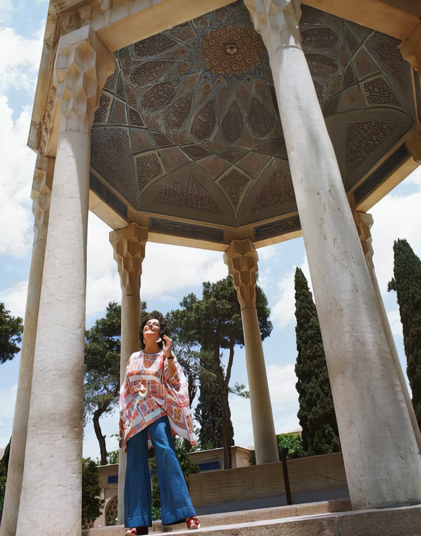 #1 The actress beams upward at the sunlight in the city of Shiraz at the tomb of Hafez, the controversial 14th-century poet