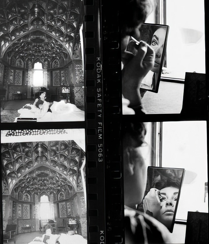 #11 While in Isfahan, Taylor stayed at the Shah Abbas hotel, a converted royal palace. Here, Zahedi contrasts photos of the palace’s soaring ceilings with those of Taylor applying makeup
