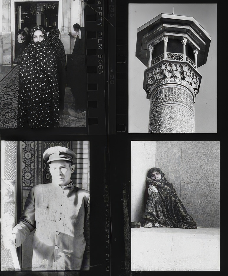 #3 Taylor appears covered outside the Shah Chirag Shrine in Shiraz, top left, in this assemblage of four black-and-white photos