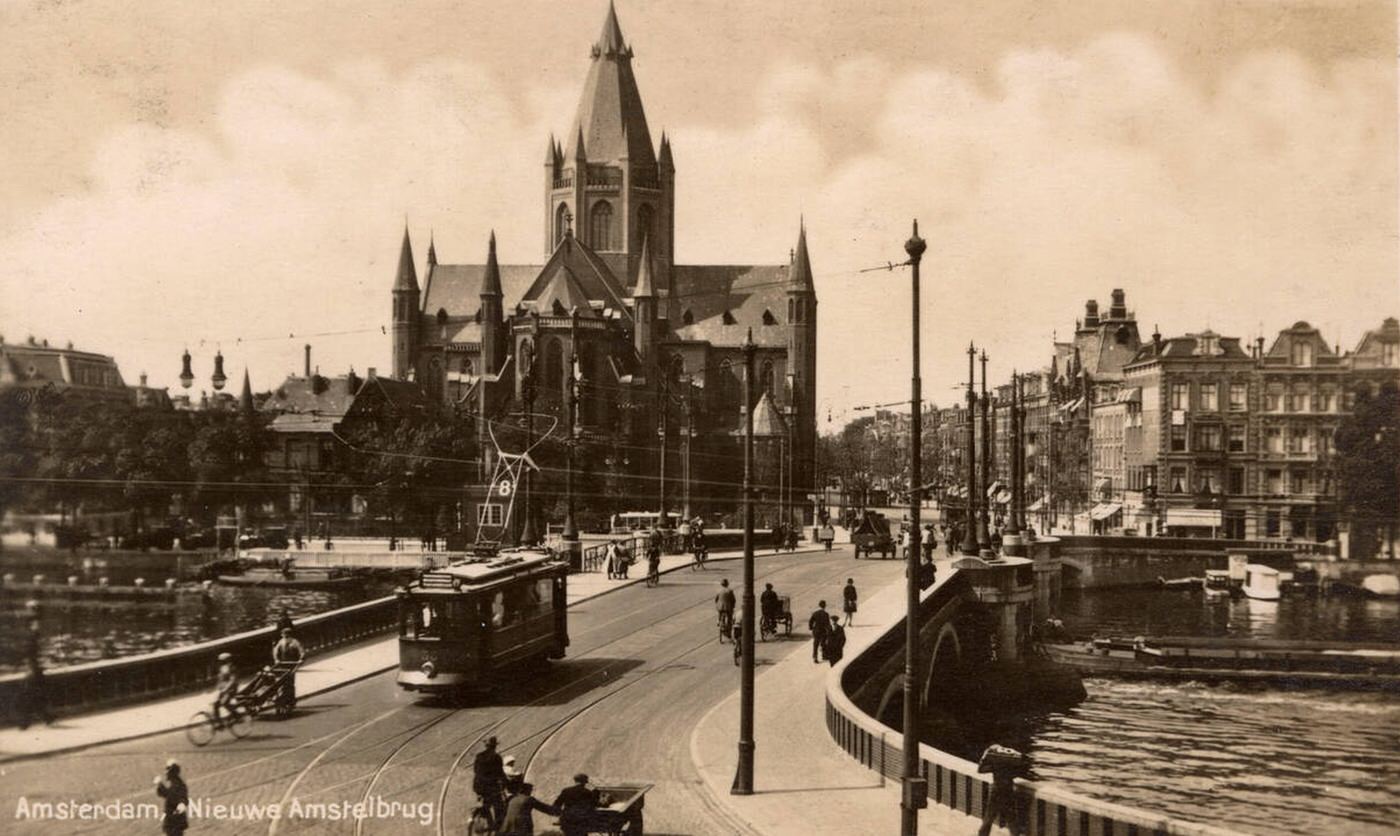 #43 New Amstel Bridge, Amsterdam, Holland, with St Willibrord Church, 1930s.