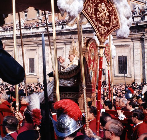 #16 Pope John XXIII rides in procession to St. Peter’s Basilica at the Second Vatican Ecumenical Council, 1962