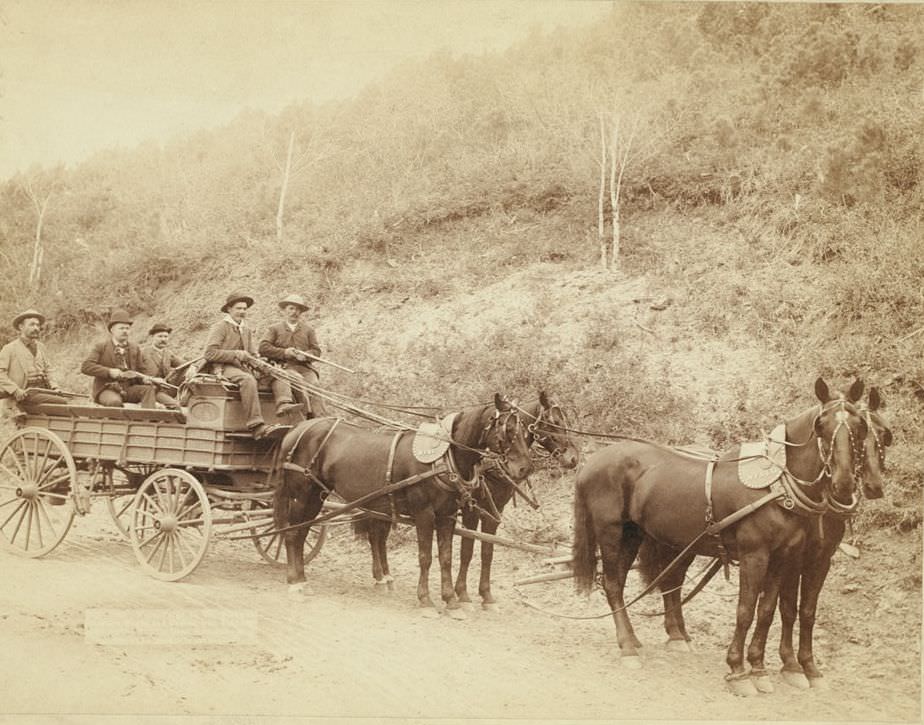 #129 Wells Fargo Express Co. Deadwood Treasure Wagon and Guards with gold bullion from the Great Homestake Mine, Deadwood, South Dakota, 1890.