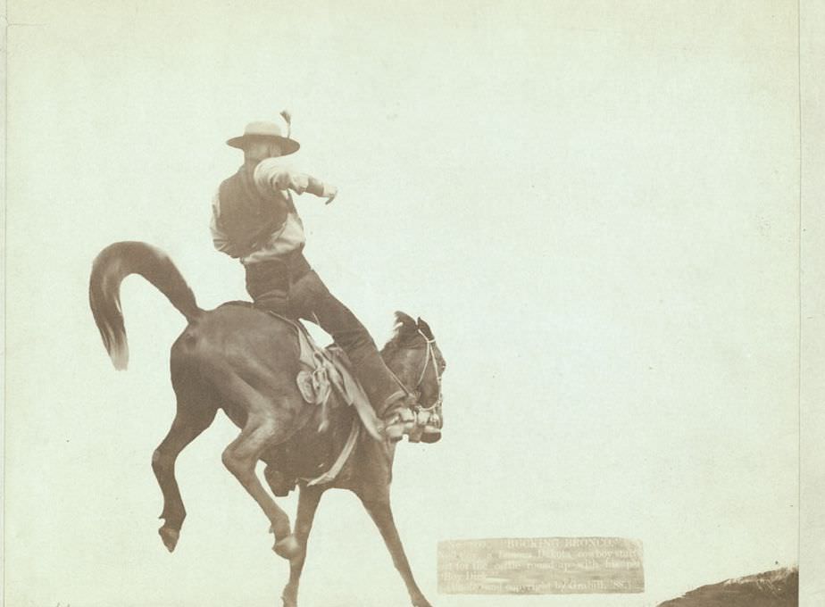 #32 “Bucking Bronco”: Ned Coy, a famous Dakota cowboy, with his pet “Boy Dick”, 1888.
