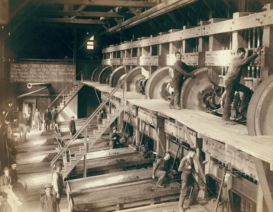 #10 “Clean Up” day at the Deadwood Terra Gold Stamp Mill, Terraville, Dakota, 1888.