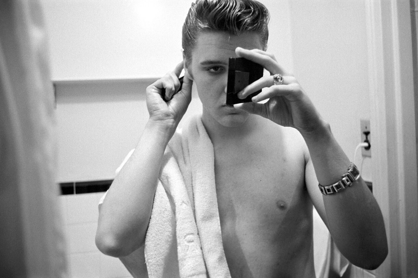 Elvis in his hotel bathroom at The Warwick Hotel in New York before ‘Stage Show’, 1956.