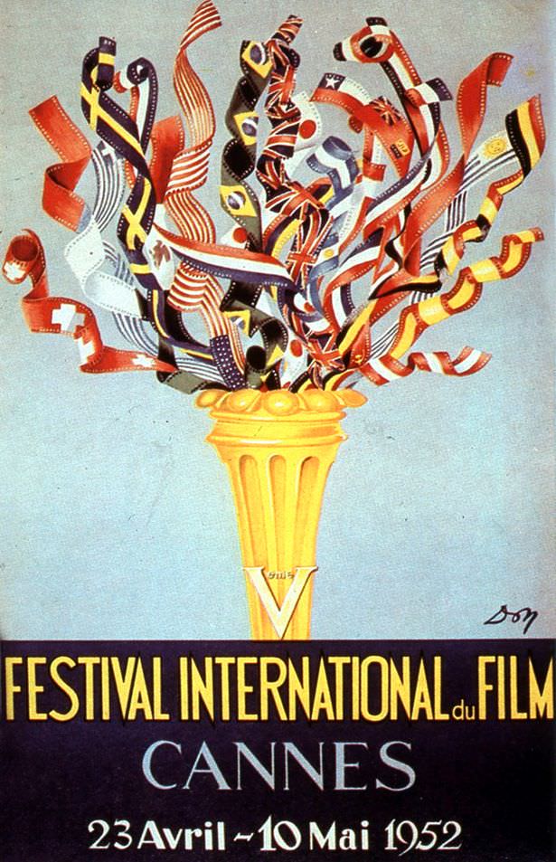 1952: The Festival moved from September to April to make the most of the beginning of the tourist season. The poster though, er, still looks like an advert for the Olympics. In fact it arguably looks better than the adverts for this year’s Olympics.