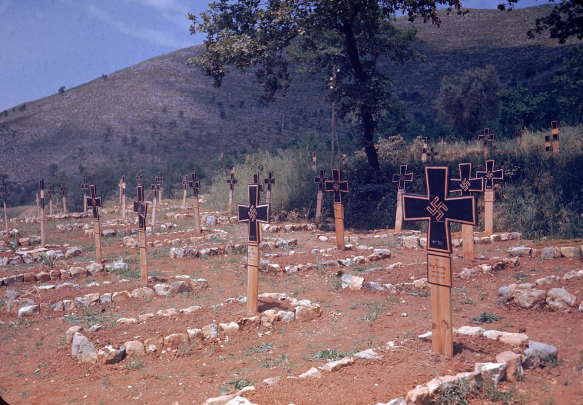 #10 A German graveyard along the Esperia Road during the Allied drive towards Rome, World War II, 1940s.