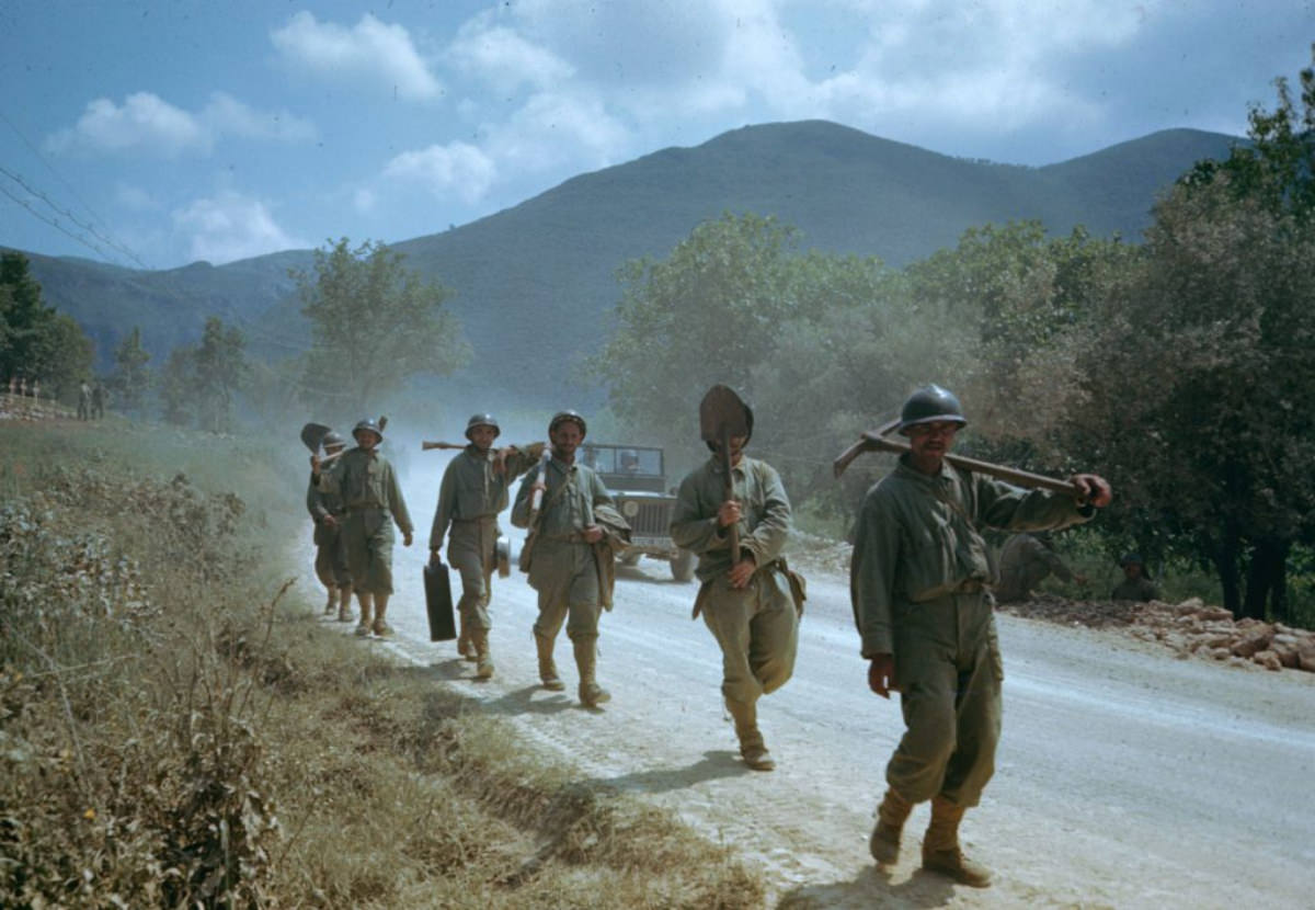 #11 Troops in the Liri Valley, on the road to Rome, 1944.