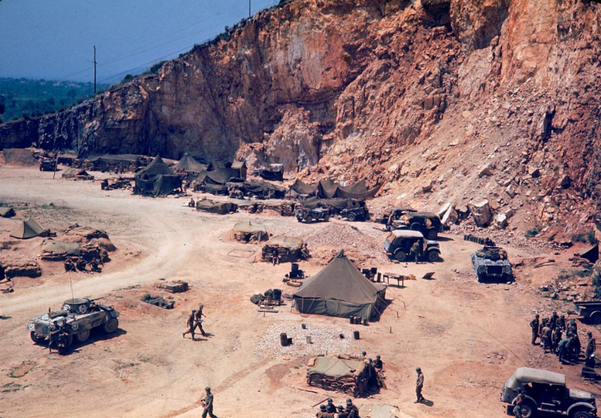 #14 American troops camped by the roadside during the drive towards Rome, 1944.