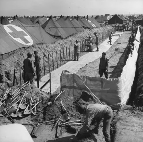 American hospital tents erected underground at Anzio for protection, 1944.