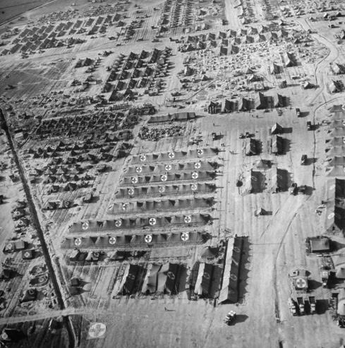 #26 An aerial view of the shelled beachhead hospital at Anzio, 1944.