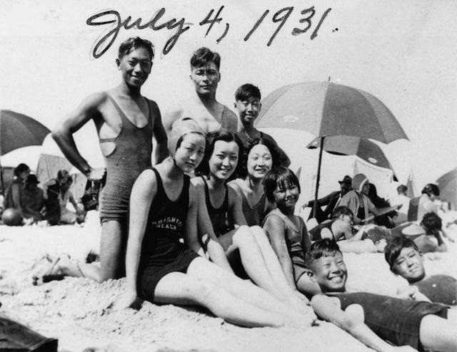 #5 A group of friends at the beach in Venice on the Fourth of July, 1931. The three women at the center are, from left, Alice, Helen and Mary. Shades of L.A.: Korean American Community.