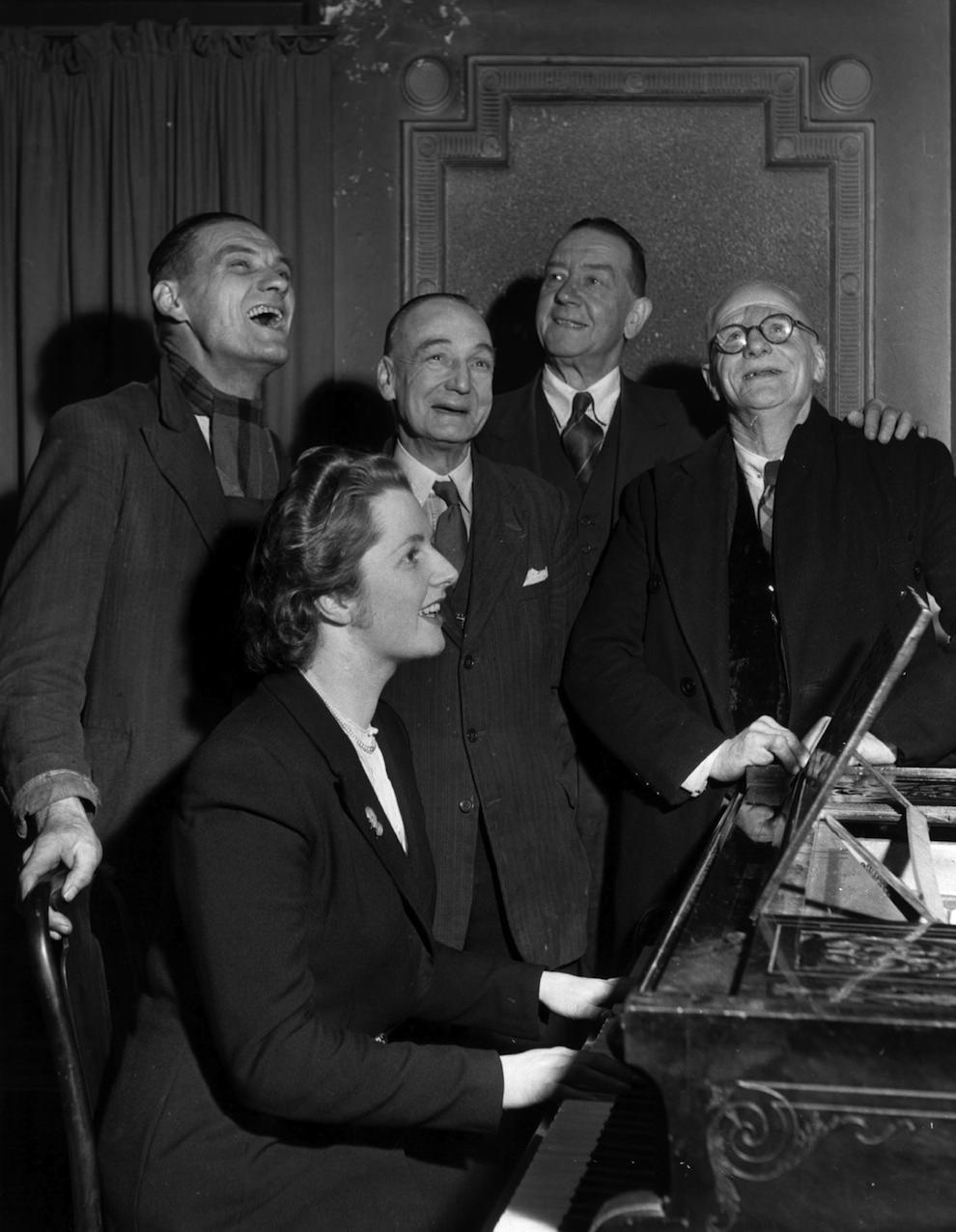 #7 Aged 25. Accompanying four voters on the piano at the Bull Inn, Dartford.