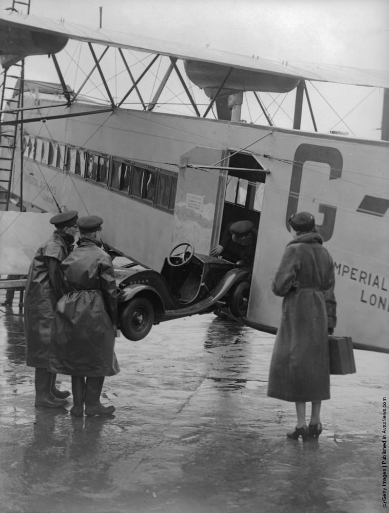 Shillan’s miniature Rytecraft car being loaded onto a plane at Croydon Airport, London, for transport to Paris. December 1934.