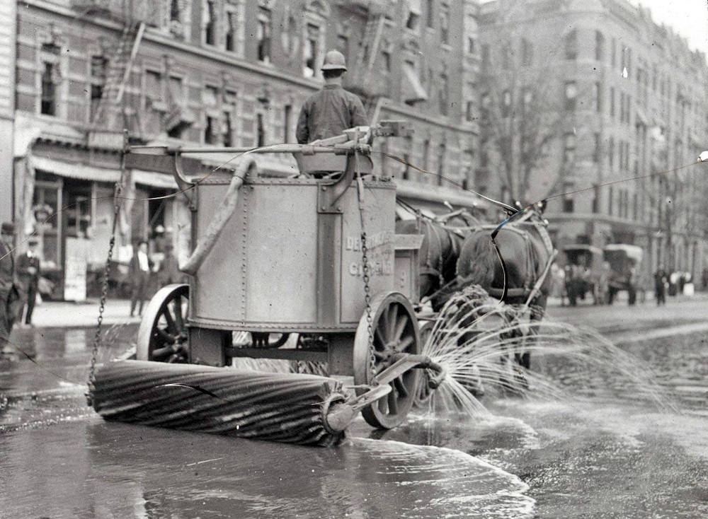 #16 Two-horse team street cleaner, New York City, 1910s.