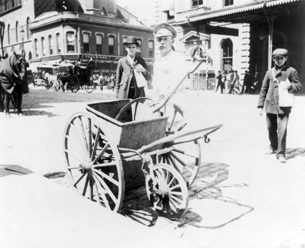 #2 Street sweeper and handcart, New York City, 1896.