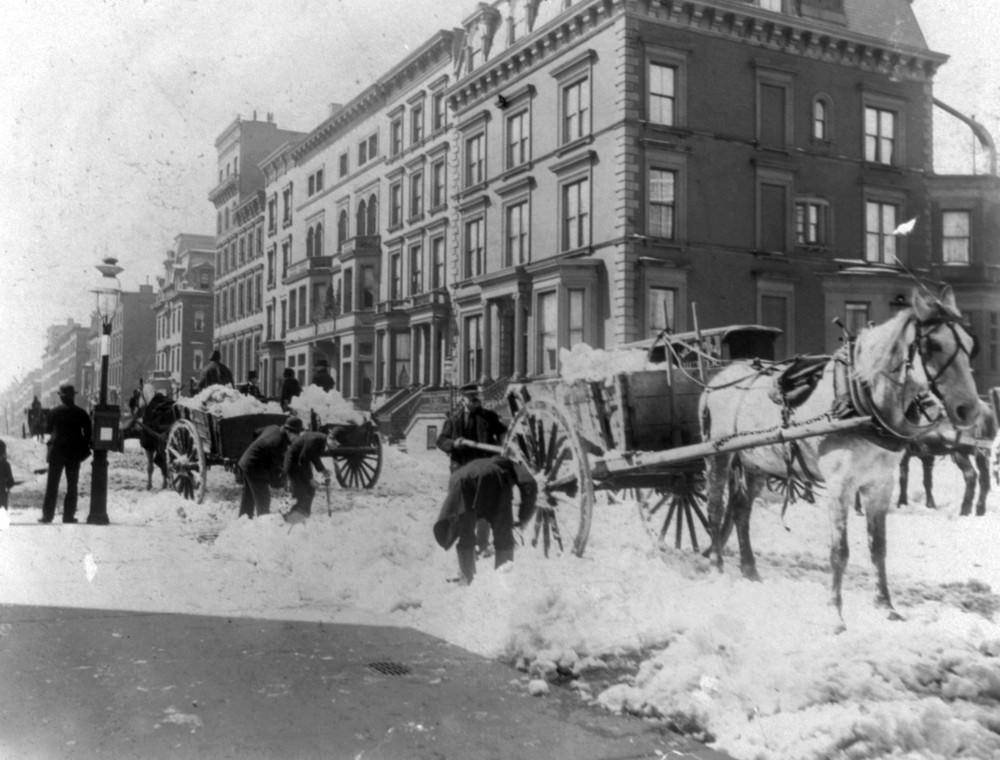 #5 Men loading horse-drawn snow carts, New York City, 1896.