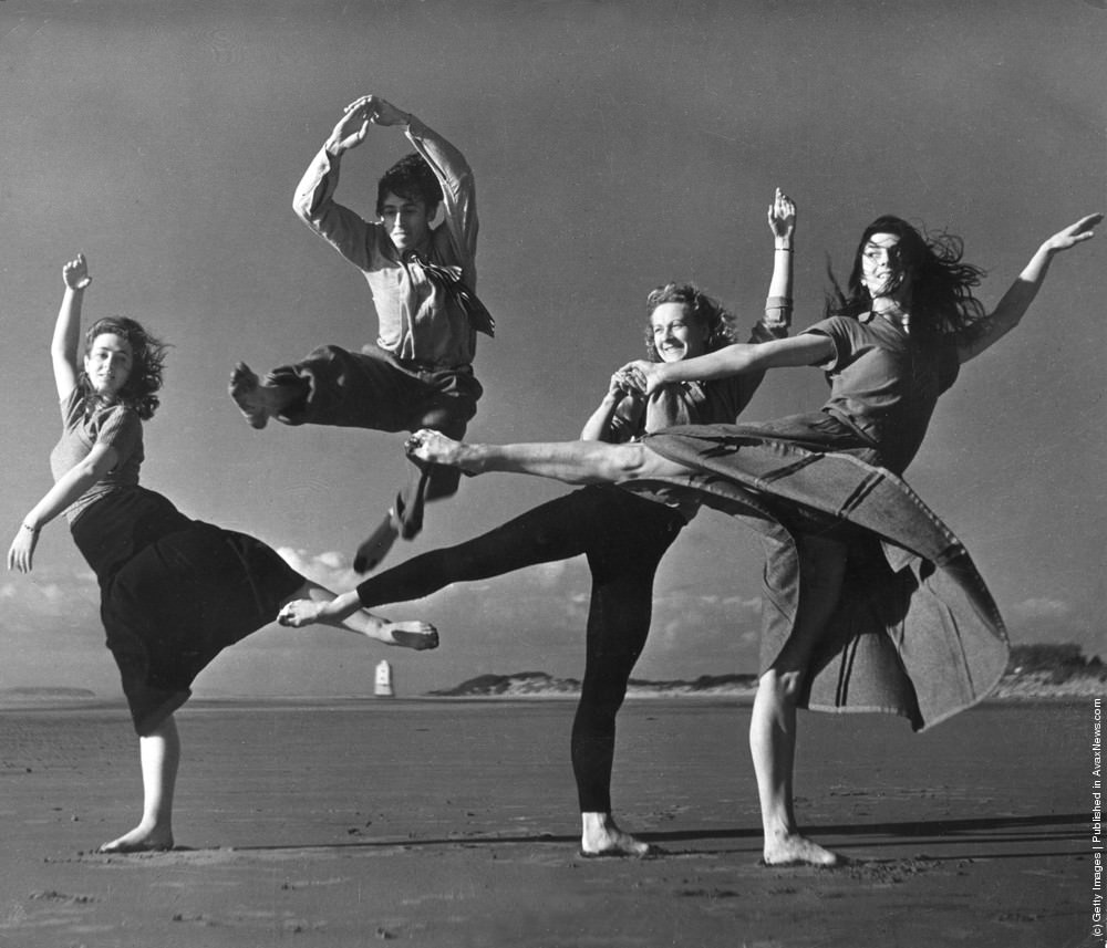#12 Saint James Ballet Company warming up on the beach at Burnham, Somerset, 1950s.