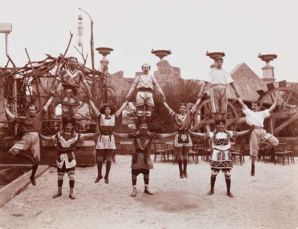 #6 Arabian Acrobats demonstrating acrobatic feats on the roof of Hammerstein’s Victoria Theatre, ca 1908.