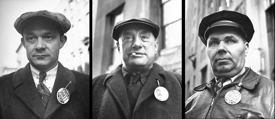 #5 New York cabbies sporting their numbered Public Hack Driver badges, 1944.