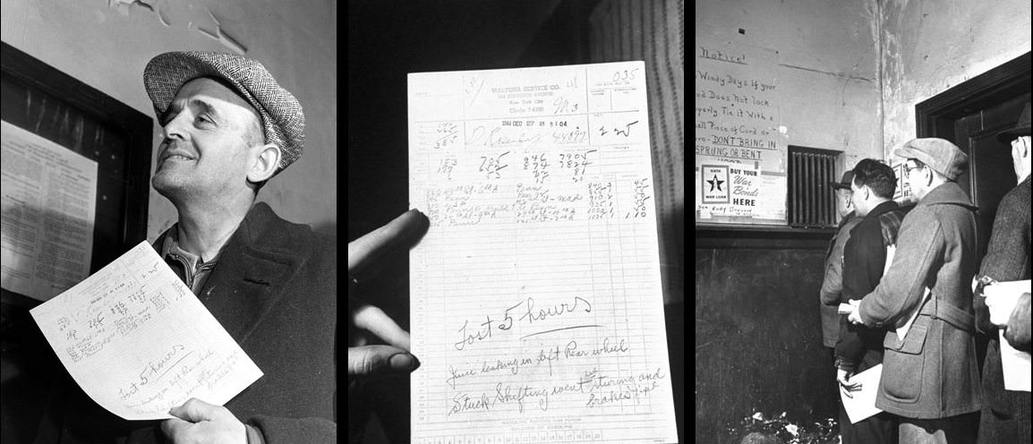 #9 Close-up of typical cab driver’s report including locations and fares collected during his day’s work; taxicab drivers lined up at company’s garage to turn in money collected in fares during the day (right), New York City, 1944.