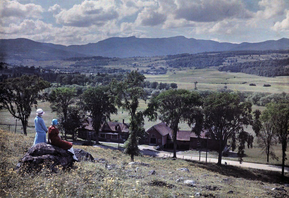 #1 Two women looking to the west of the village of Stowe to Mount Mansfield, Stowe, Vermont, 1927.