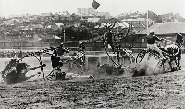 Fall at a trotting race in Toronto, Canada, 1935.