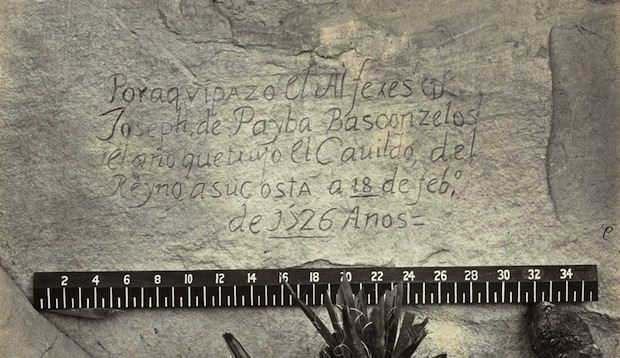#16 A close-up view of a Spanish inscription carved into the sandstone at Inscription Rock in New Mexico in 1726. Translation: “By this place passed Ensign Don Joseph de Payba Basconzelos, in the year in which he held the Council of the Kingdom at his expense, on the 18th of February, in the year 1726.”