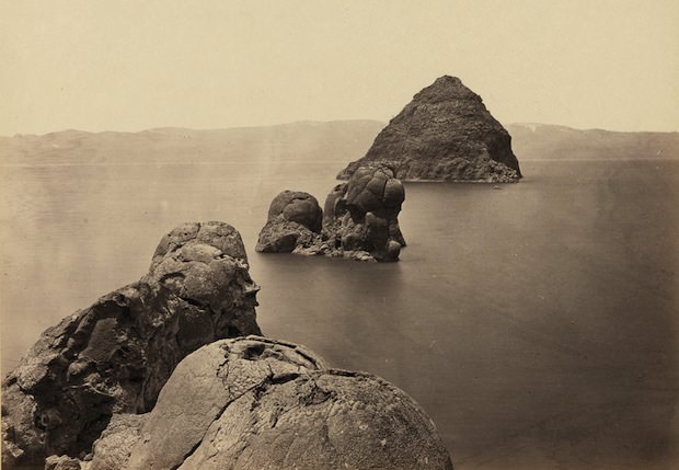 #2 The Pyramid and Domes, a line of dome-shaped tufa rocks in Pyramid Lake, Nevada. Taken in 1867.