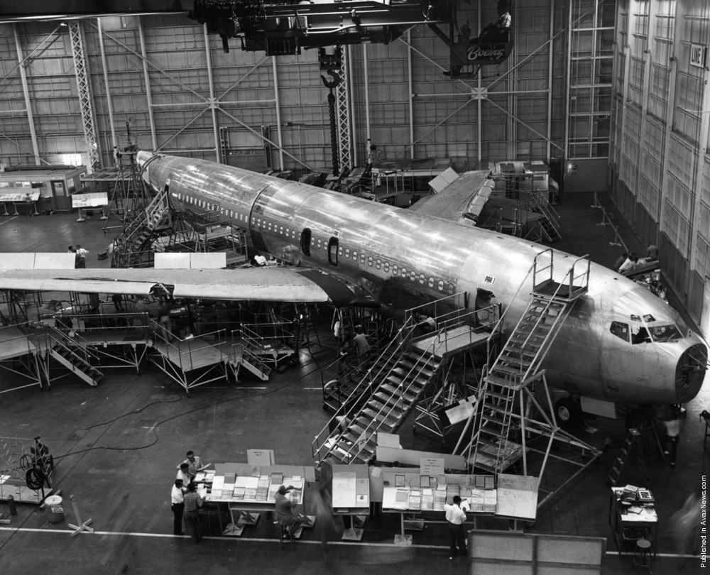 Boeing 707 Jet Stratoliner Number One under construction at Boeing’s Transport Division in Renton, Washington, 1958.