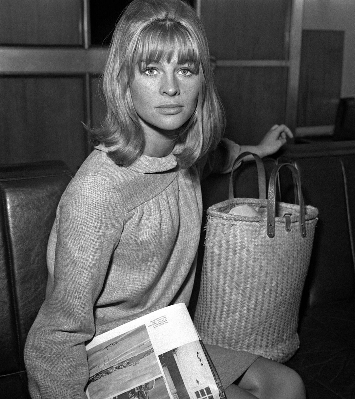 Julie Christie at London Airport before leaving for a holiday in Madrid, Spain, 1964.