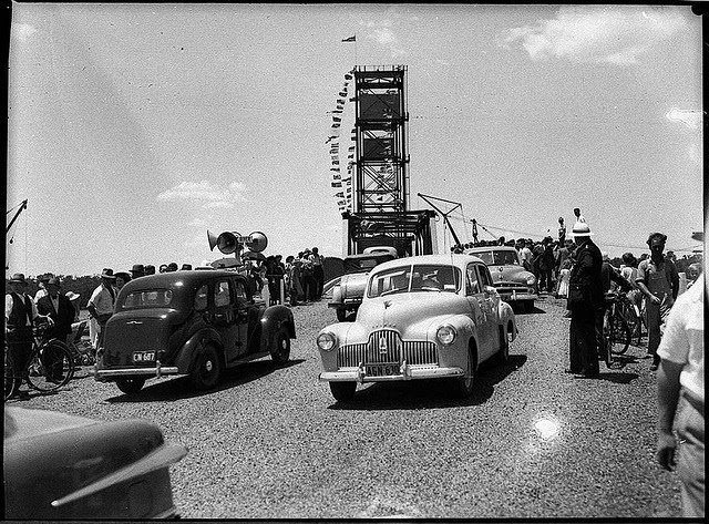 [Factually Corrected] Holden crosses at the opening of the Hexham Bridge, Newcastle, 1952. (Note: Caption originally says “Holden crosses at the”. There is no Holden crossing. Caption factually corrected.)