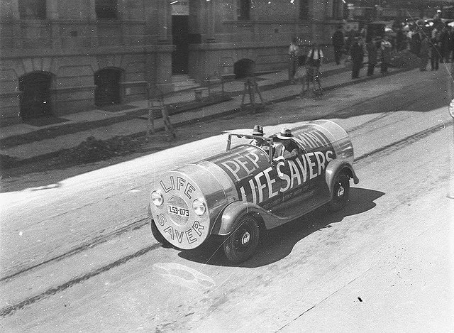 A sales promotion car done up as a packet of peppermint “Lifesavers”, Sydney, 1934.