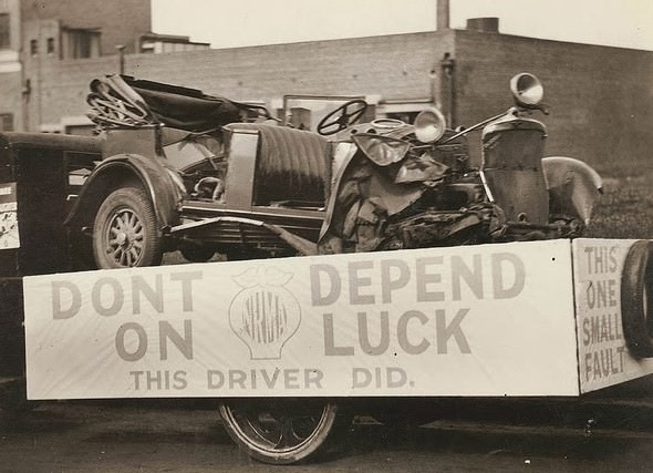 “Don’t depend on luck. This driver did.” Wrecked car used for NRMA advertisement, c. 1930.