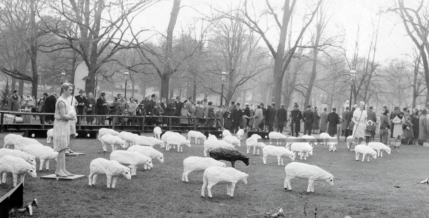 #23 A crowd looks at the Christmas decorations on Boston Common, 1961.