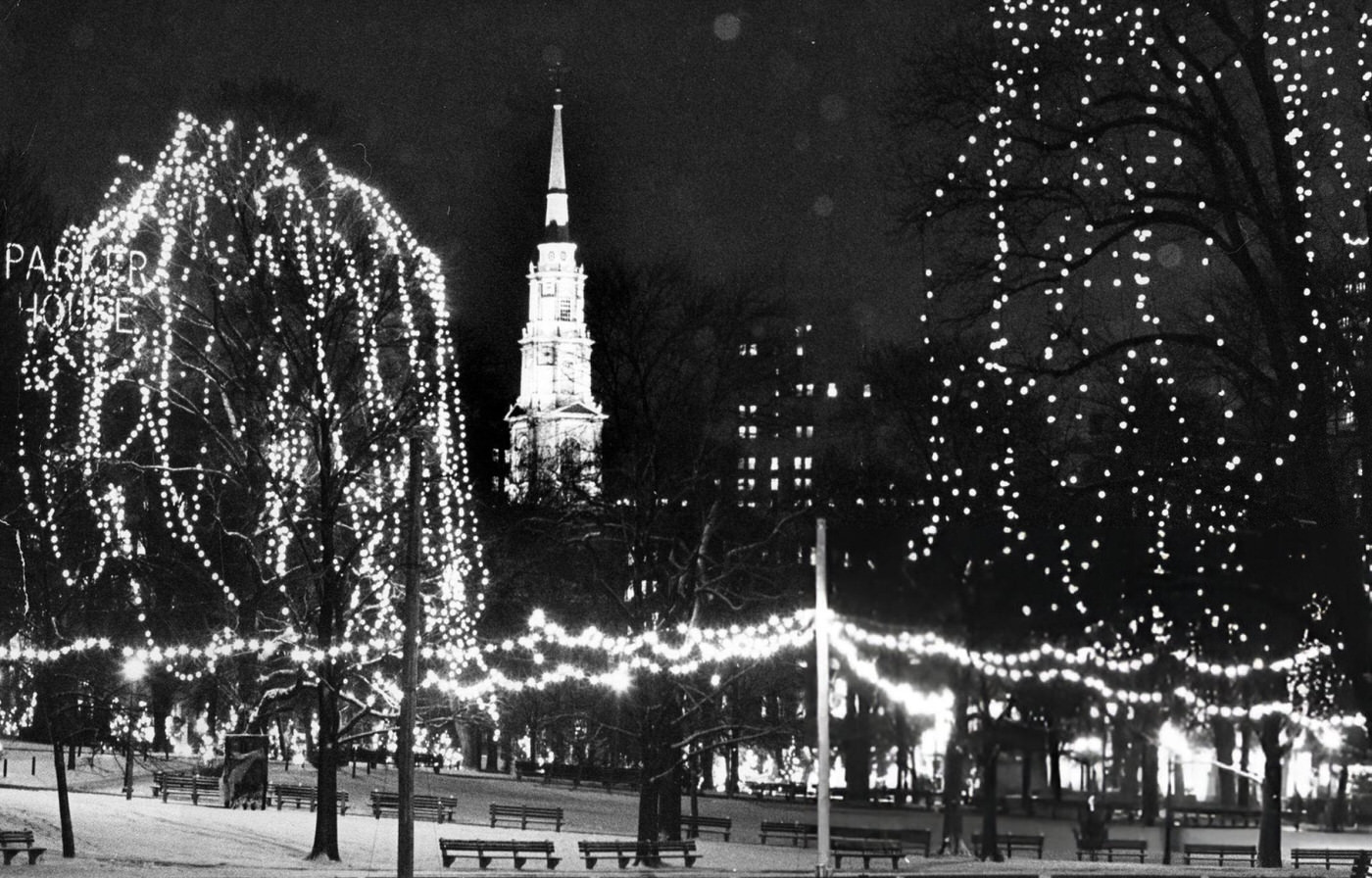 #31 The Boston Common Frog Pond is covered in snow and lights, 1967.