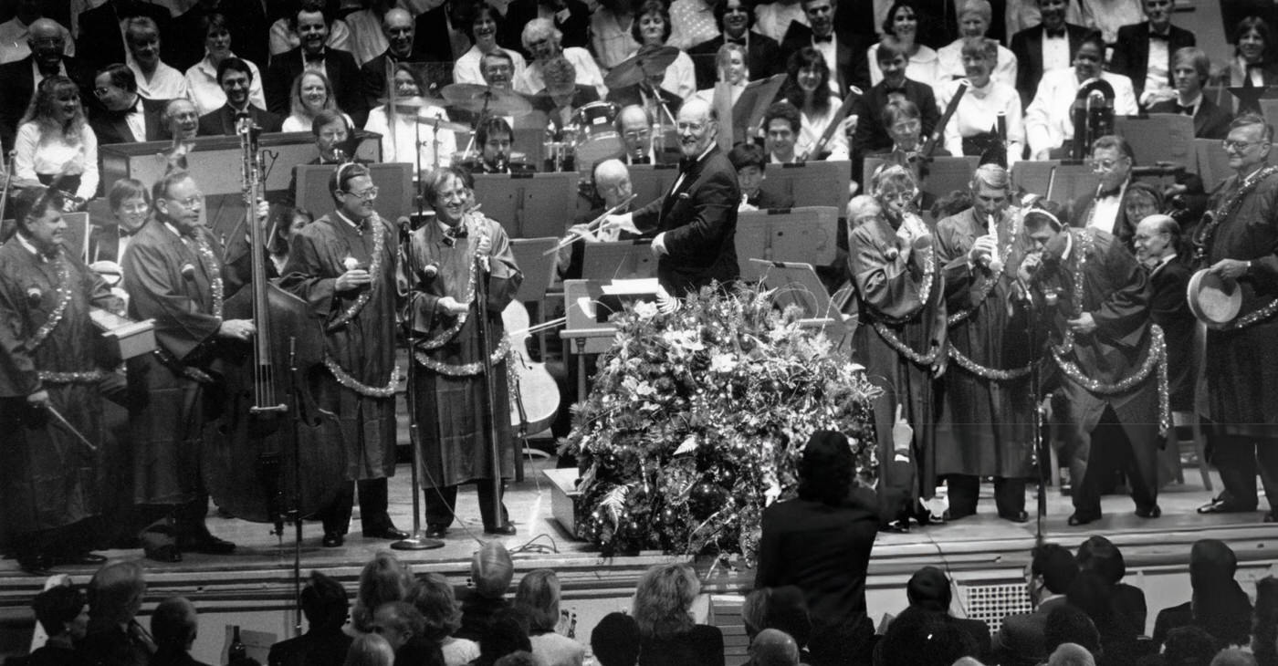 #58 Eight CEOs appeared in a special performance of “O Christmas Tree” with unstable star on top, 1992.